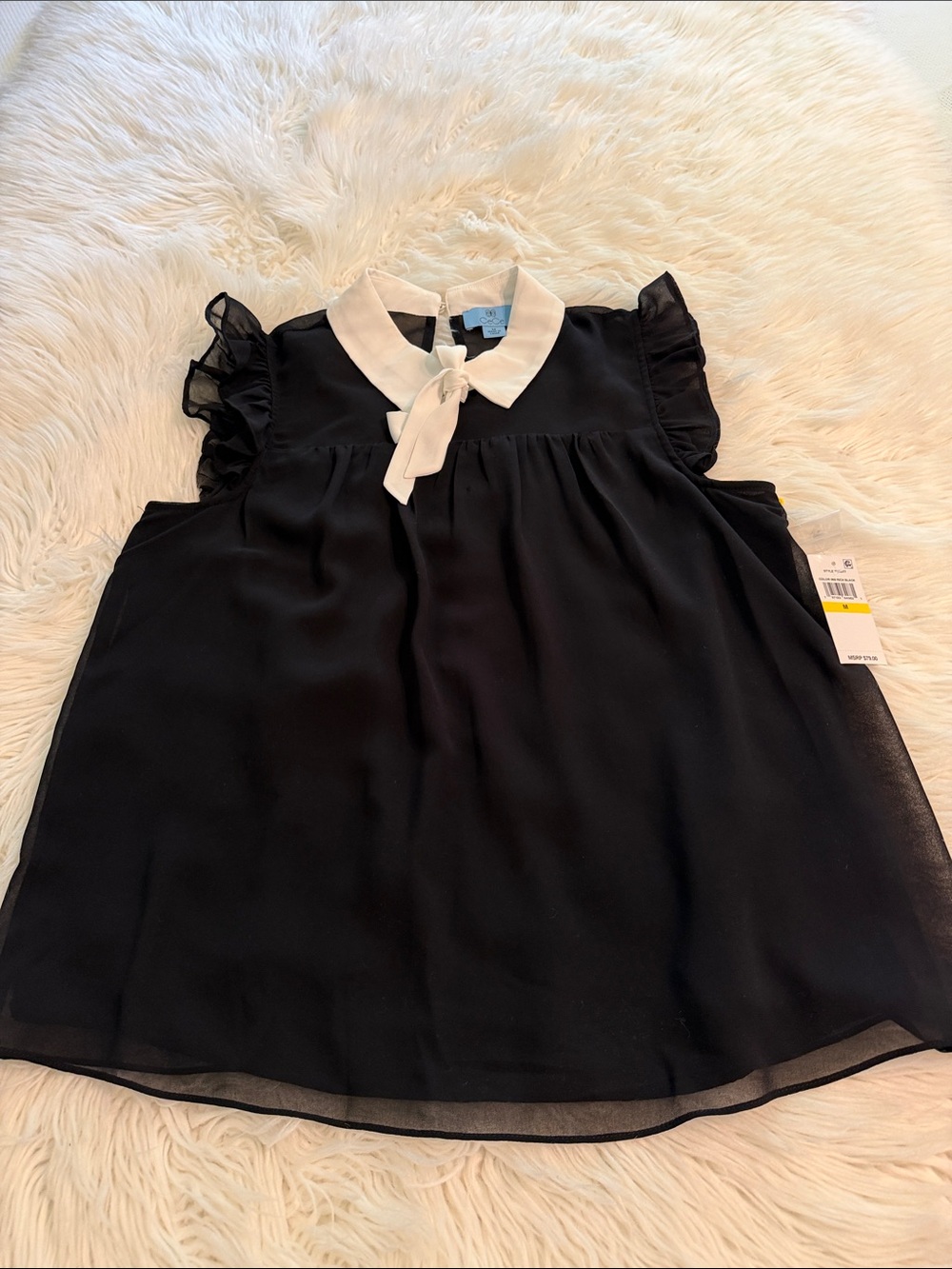 CeCe Black Sleeveless Blouse with White Tie Collar size M length 26” bust 36” - Picture 8 of 8